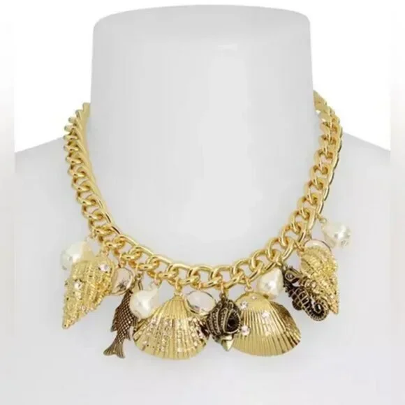 KURT GEIGER LONDON Eagle Shell Bib Necklace Gold Chunky 16" Pave Crystal NWT - Picture 2 of 12